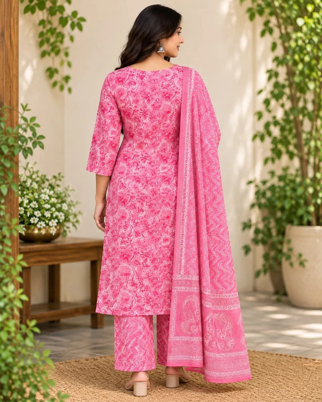 Cotton Three Piece Set Kurti - Pink(M) - Image 3