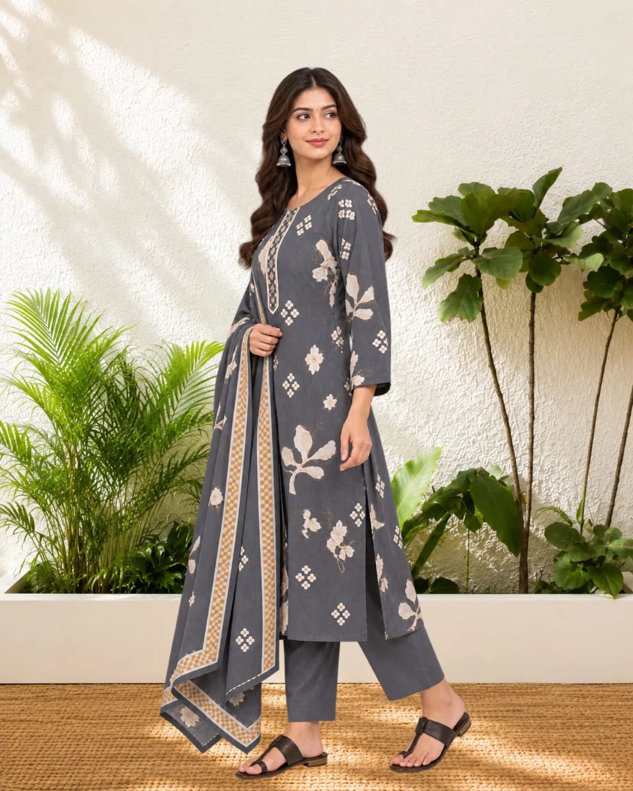 Three Piece Set Kurti(L/Grey)