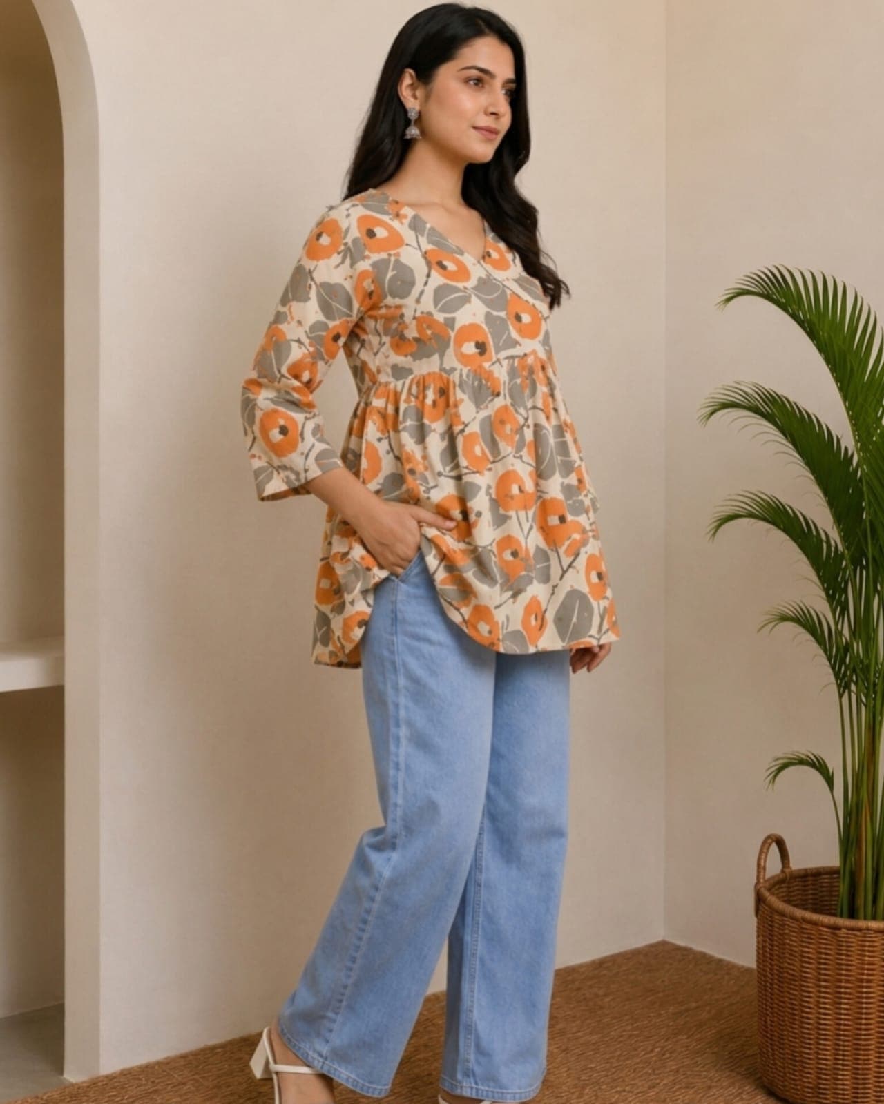 Peplum Short kurti(XS/White and Grey)
