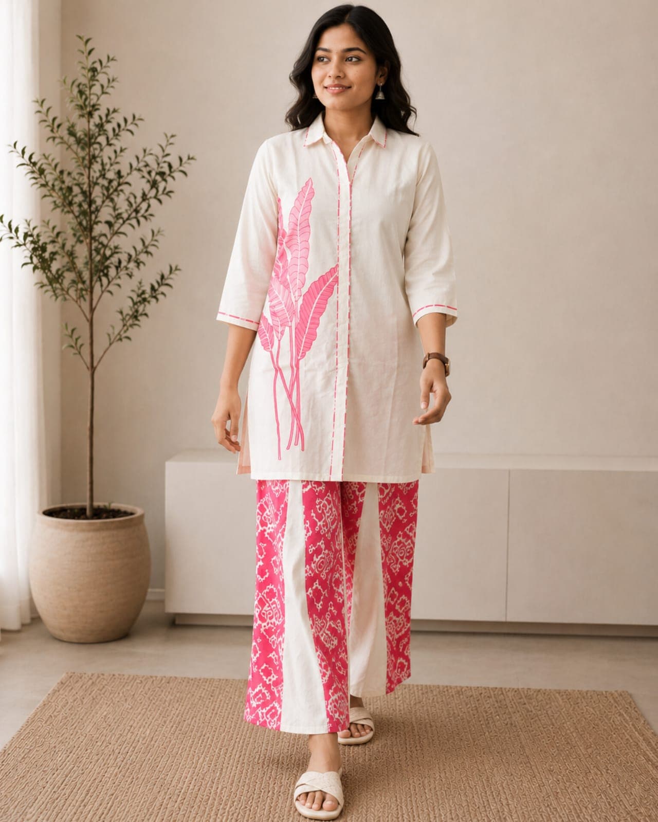 Co-ord Set Kurti Knee Length (Pink)(M)