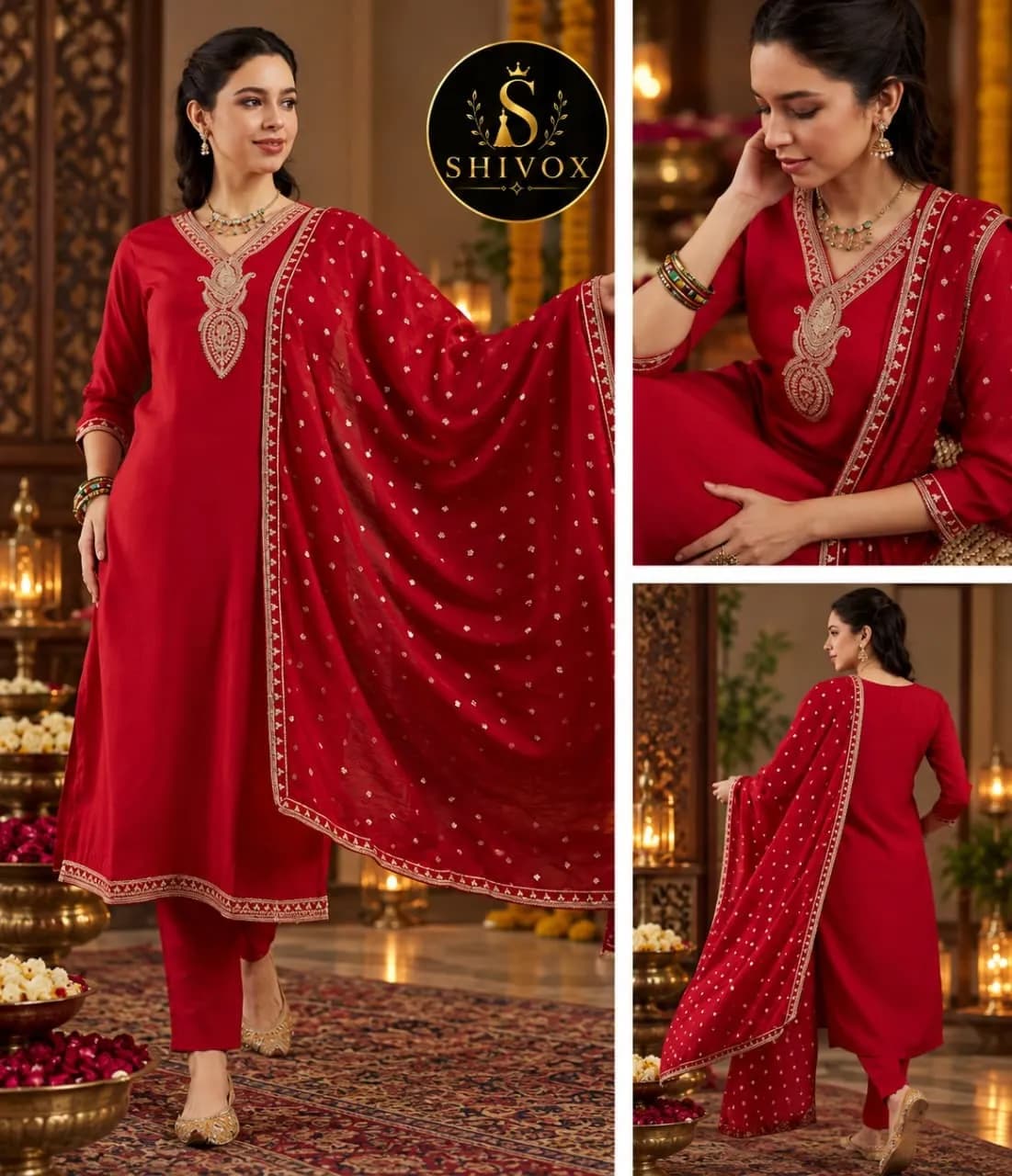 Elegant Red Silk Cotton Three-Piece Suit Set(M)