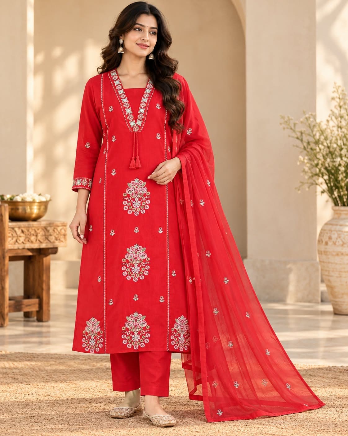 Elegant Red Mulmul Cotton Suit Set(M)