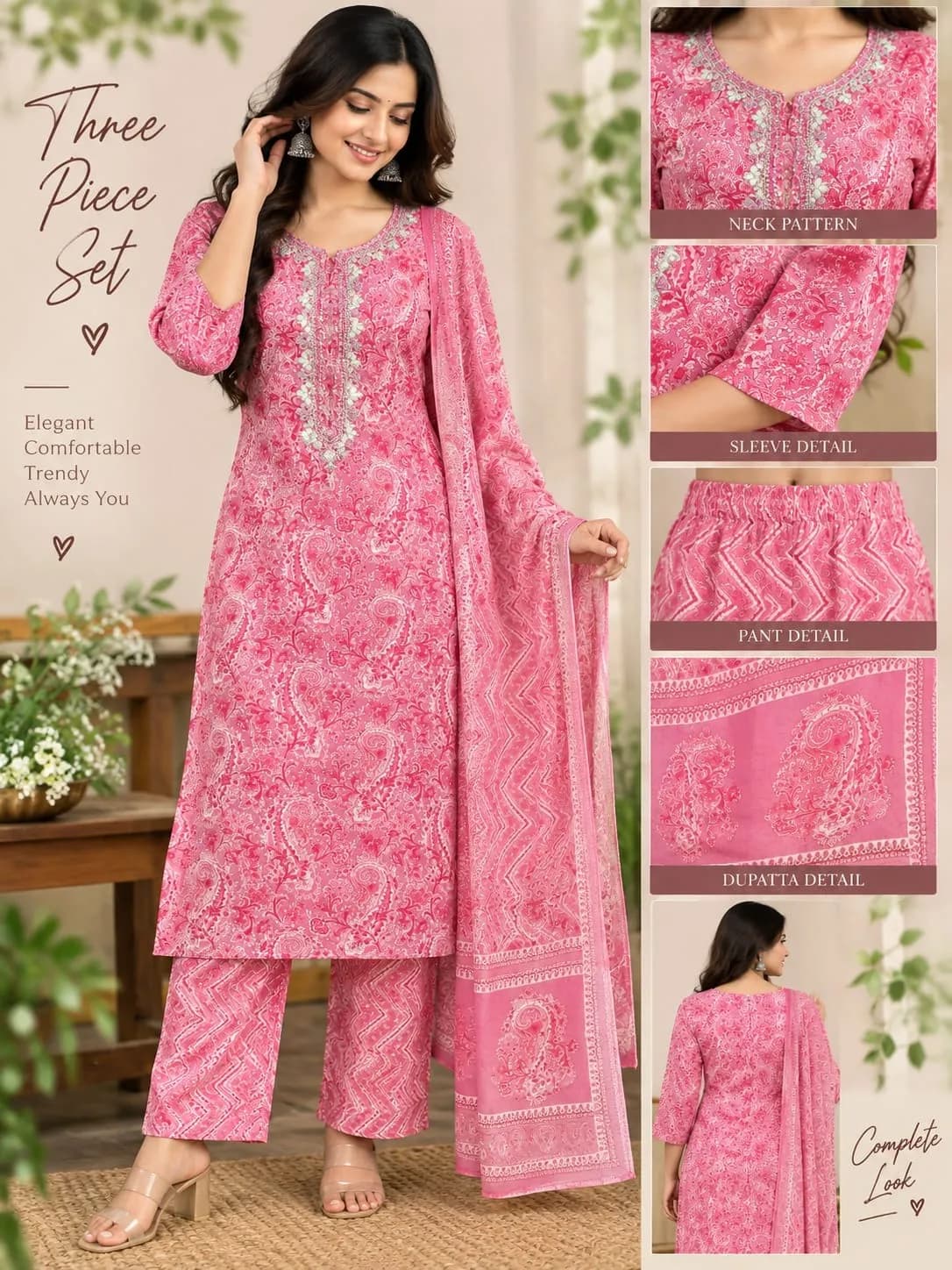 Cotton Three Piece Set Kurti - Pink(M)