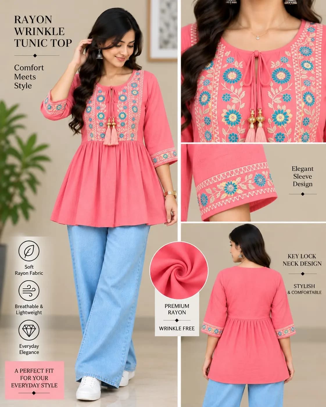 Key Hole Neck Pattern-2 (M/L/XL)(Coral Pink) - Image 1