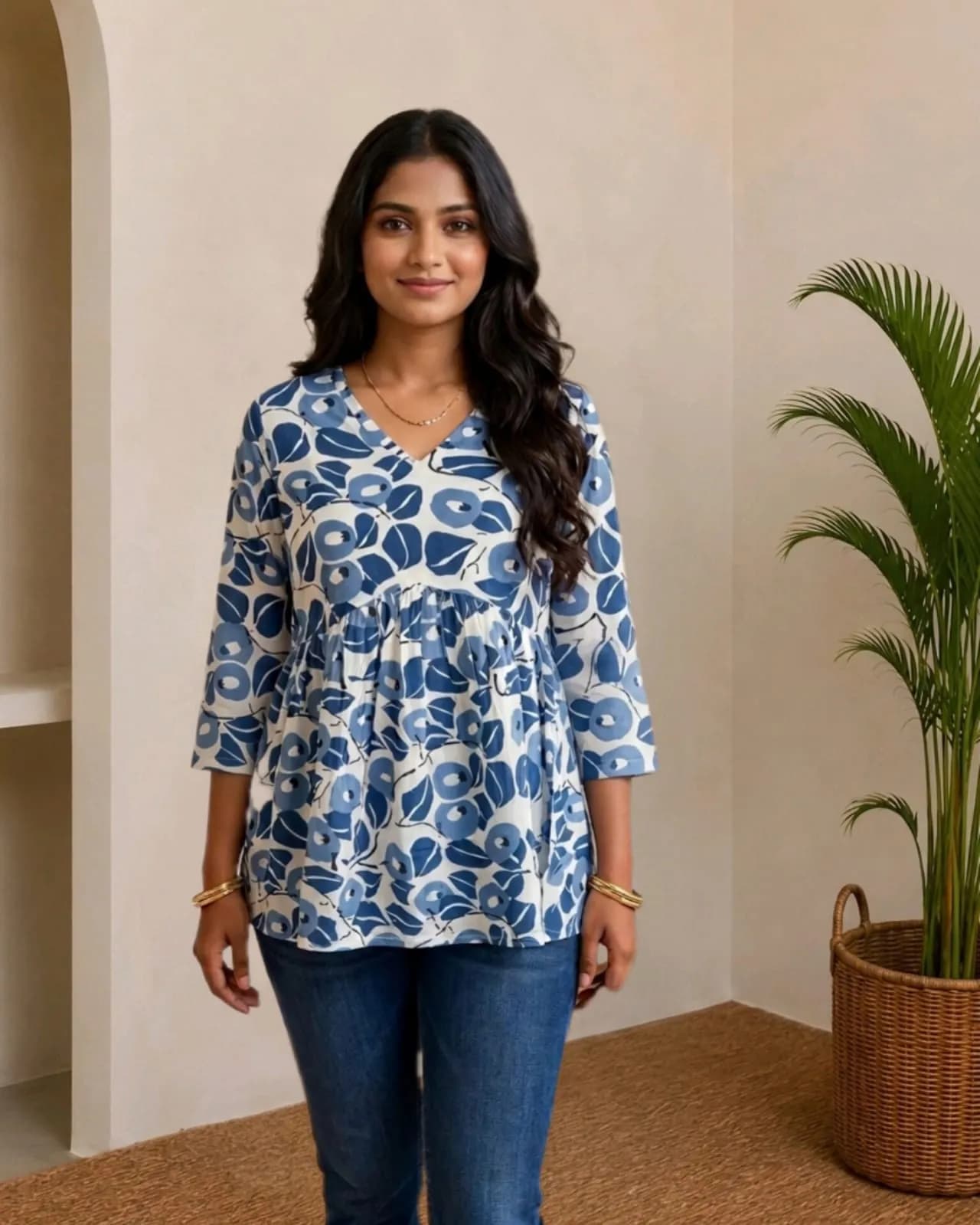Peplum Short kurti (White and Blue)(L)