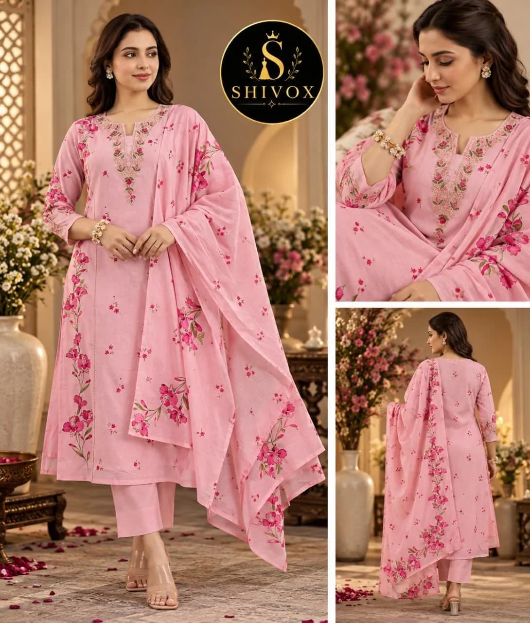 Chanderi Silk Floral Embroidered Three-Piece Suit(M/pink)