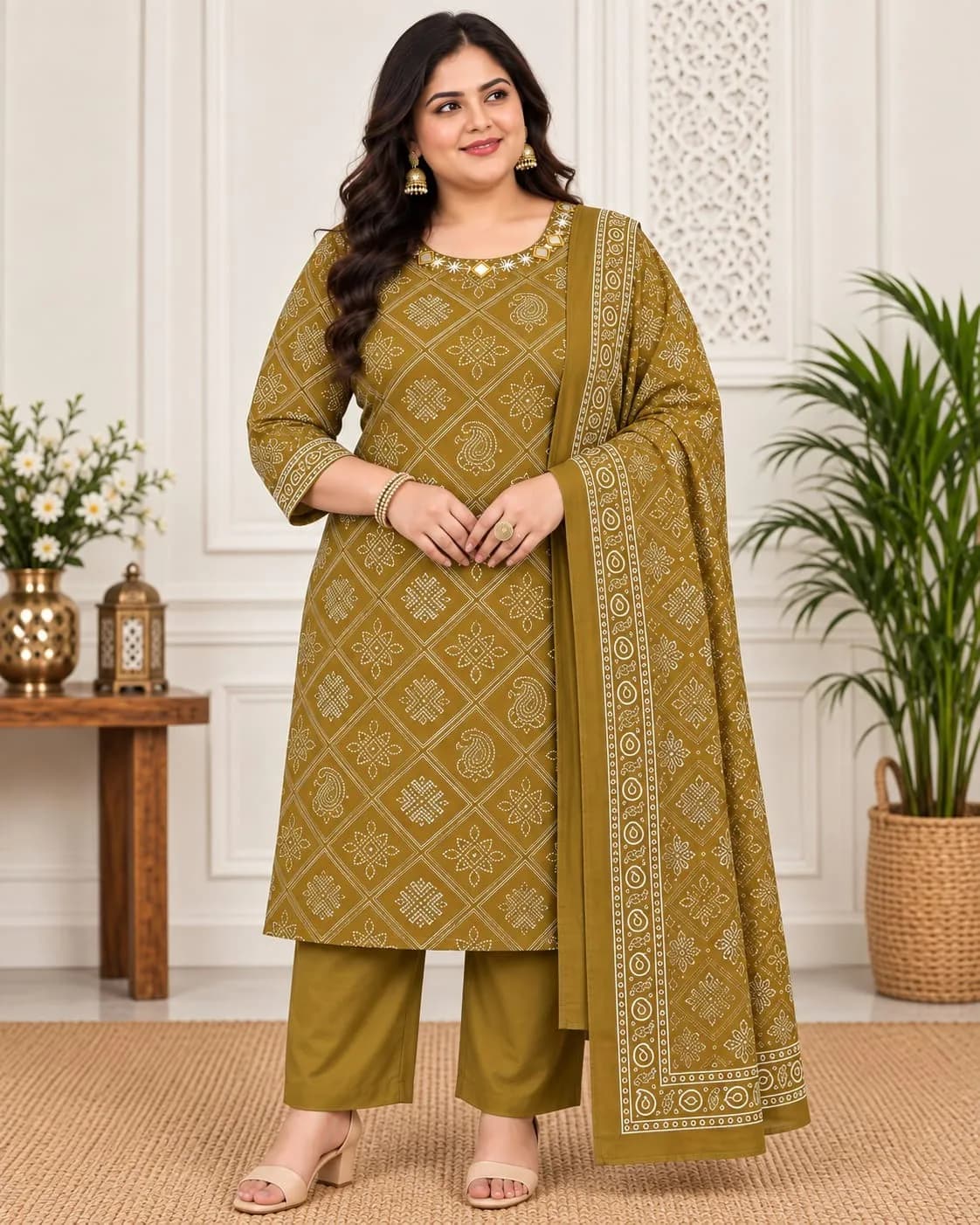 Beautiful Plus Size Kurti-Mustard Olive(3XL)
