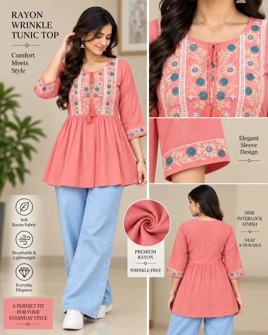 Key Hole Neck Pattern (M/L/XL)(Coral Pink)