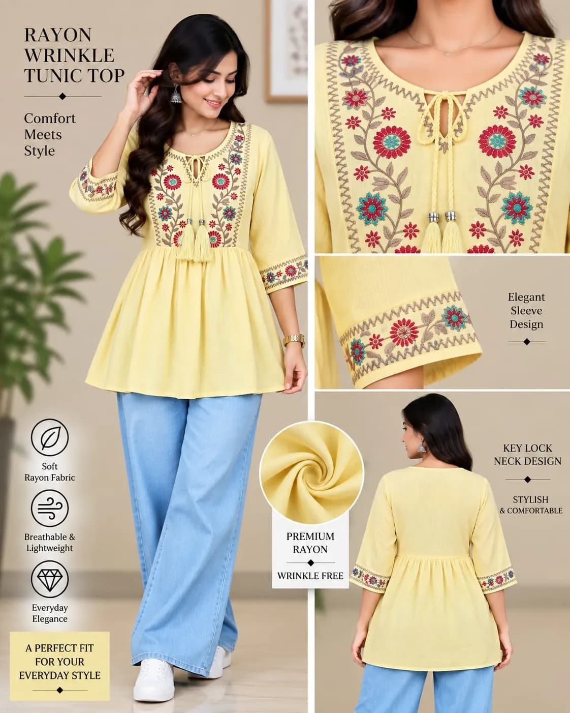 Key Hole Neck Pattern-3 (M/L/XL)(Pastel Yellow)