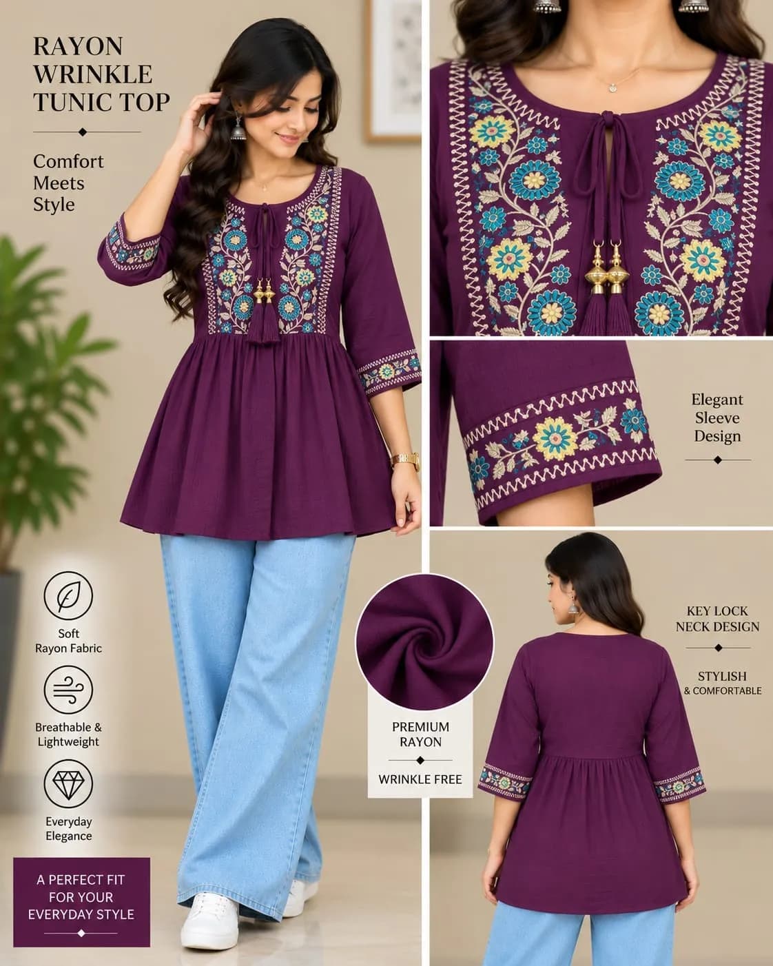 Key Hole Neck Pattern-2 (M/L/XL)(Purple)