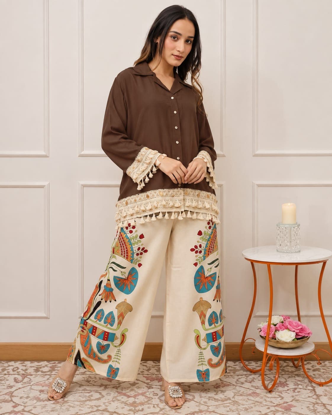 Co-ord Set Kurti Knee Length (Brown)(M) - Image 1