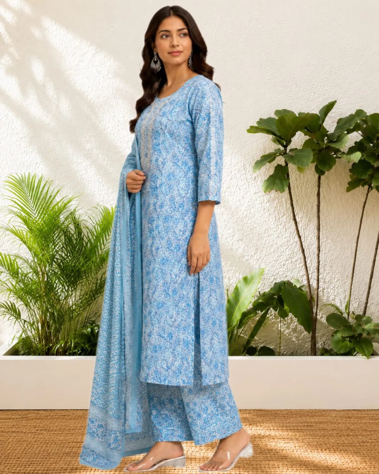 Three Piece Set Kurti(M/Sky-Blue)