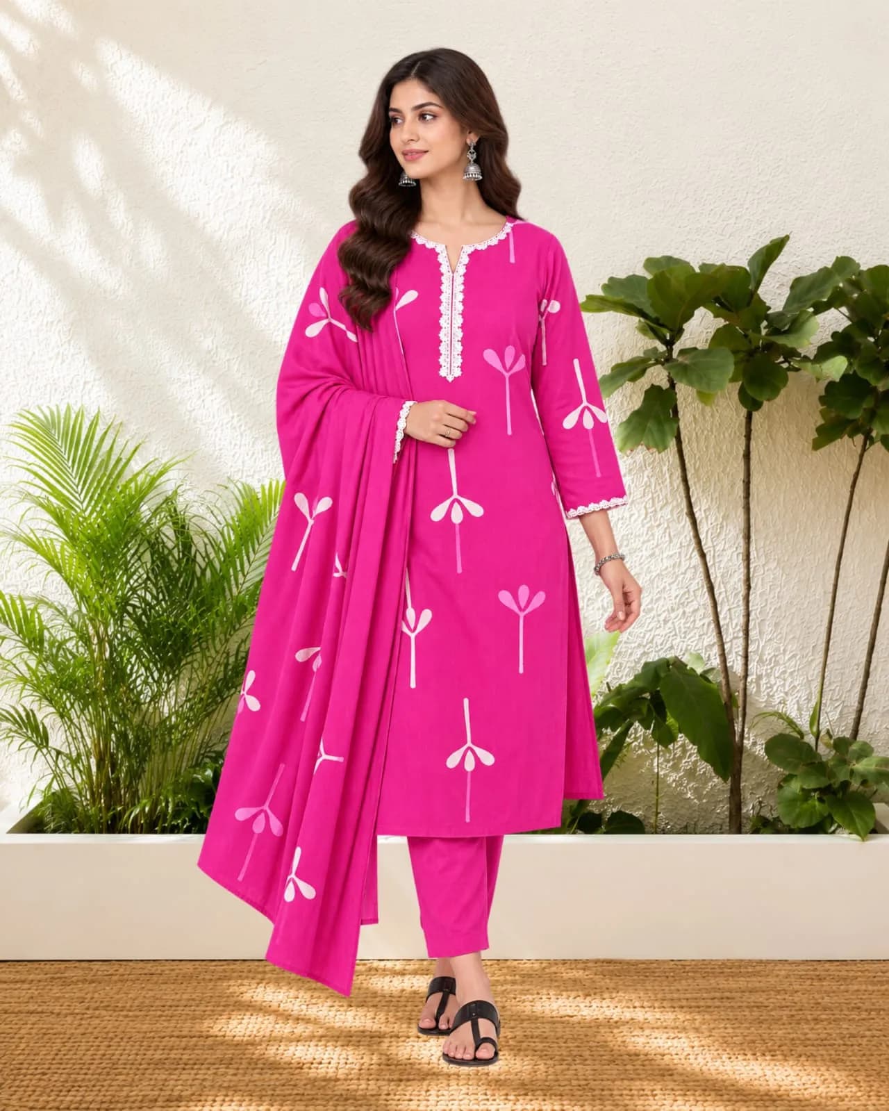 Three Piece Set Kurti(M/Pink)