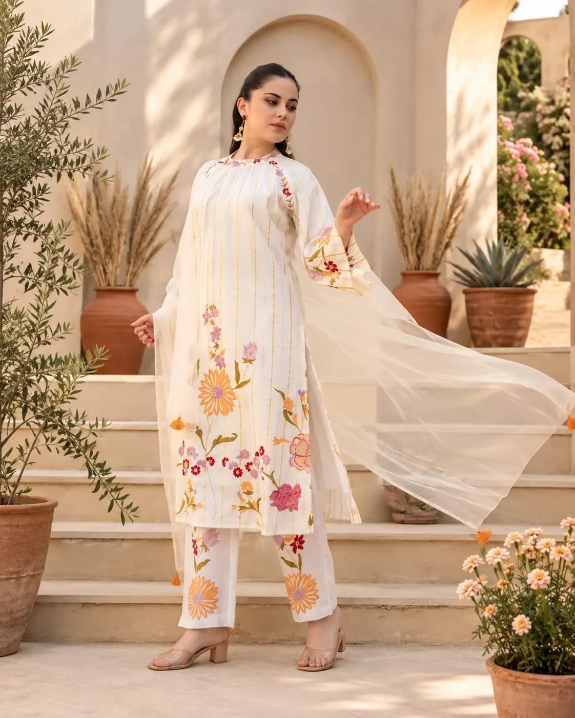 Elegant White Based SKD Set Kurti-M(M) - Image 2